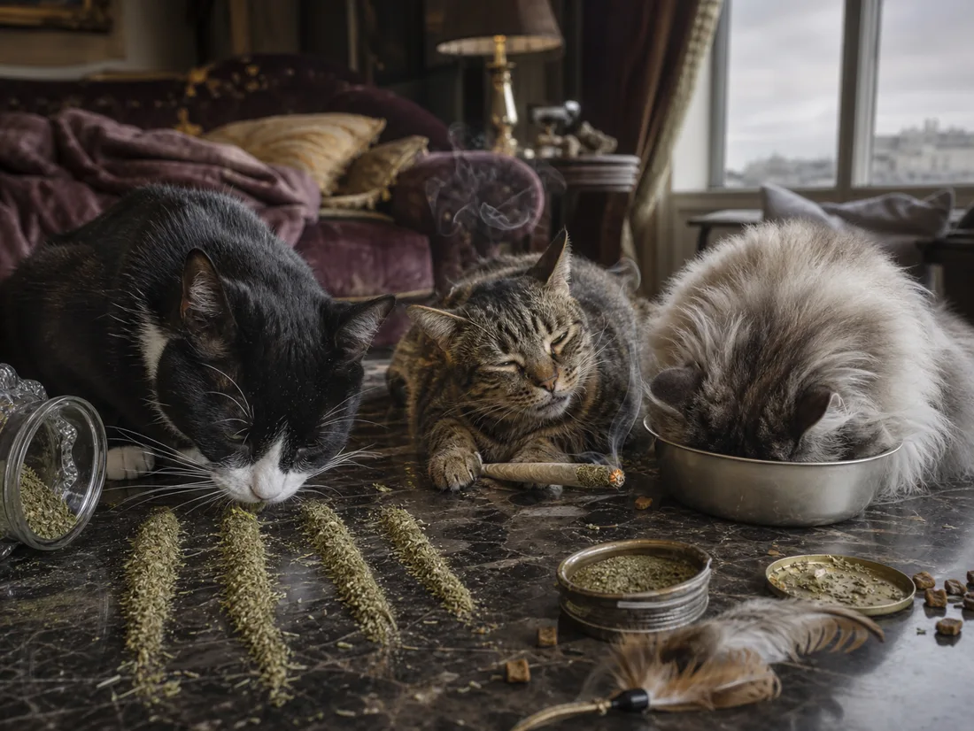 Three adult cats amid scattered green catnip, treats, and a food bowl after an overindulgent night