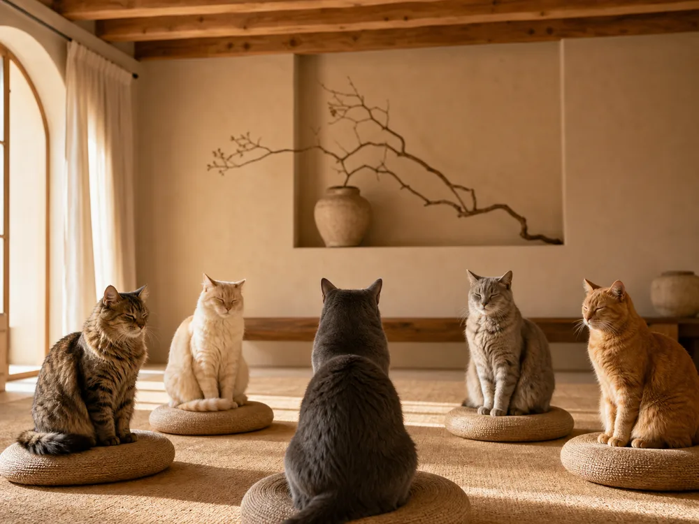 Five adult cats sitting calmly on woven cushions in a sunlit meditation studio