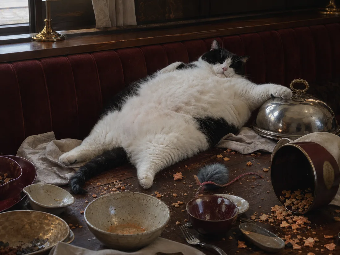 An extremely plump black-and-white tuxedo cat named Manny reclining beside empty bowls after an elaborate fictional buffet