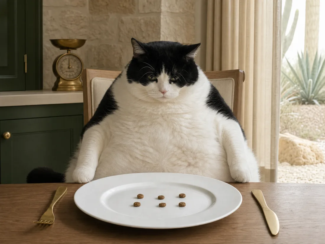 Manny, an extremely plump tuxedo cat, staring skeptically at six pieces of kibble on a large white plate