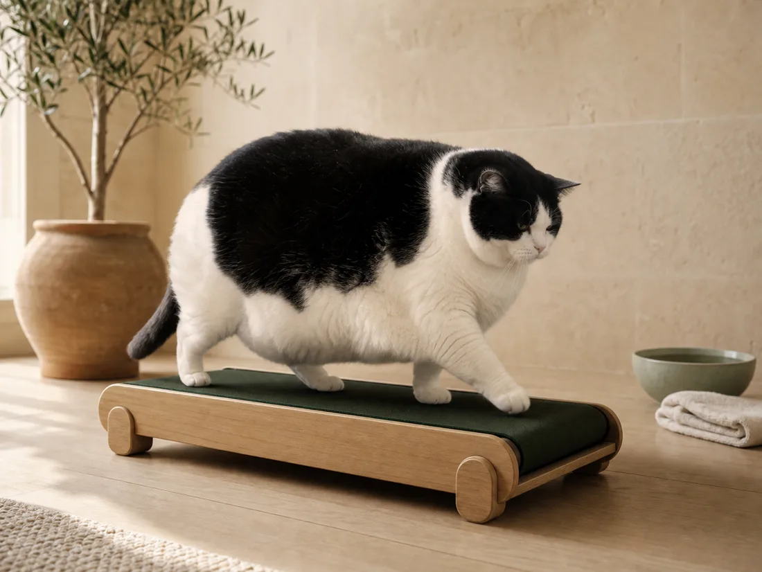 An extremely plump tuxedo cat walking slowly on a miniature green-and-oak cat treadmill