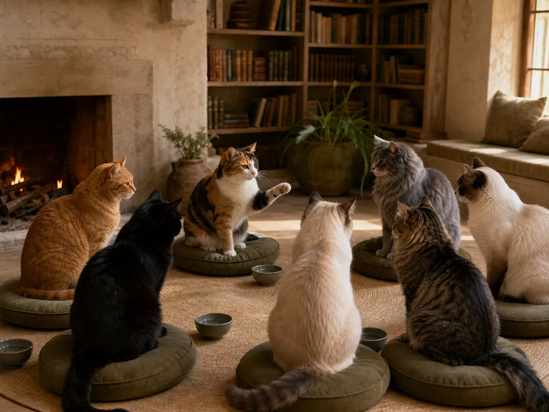 Seven adult cats sitting attentively in a peer-support circle around a calico cat with one paw raised
