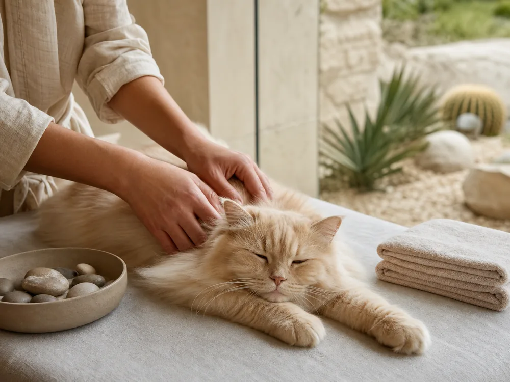 A relaxed cream-colored adult cat receiving a gentle shoulder massage on a linen treatment table